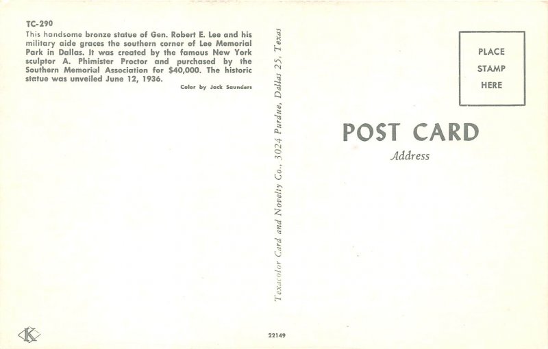 Dallas Texas 1960s Postcard Civil War Statue General Robert E. Lee & Aide