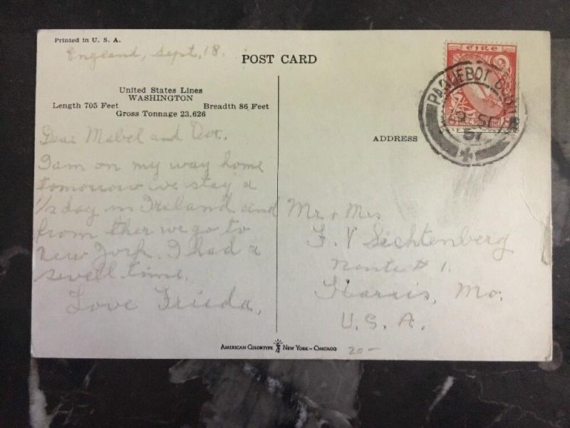1951 Ireland Paquebot PostCard Cover United States Lines Ss Washington To Usa