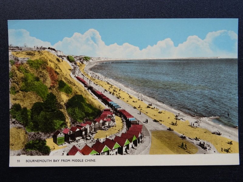 Dorset BOURNEMOUTH BAY from Middle Chine showing BEACH BUNGALOWS c1950s Postcard