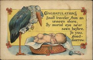 CONGRATULATIONS Stork Admires Baby in Basket RATTLE c1910...