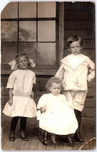 Three Young Curly Hair Children Sunday Formal Dress Portrait - Vintage Postcard