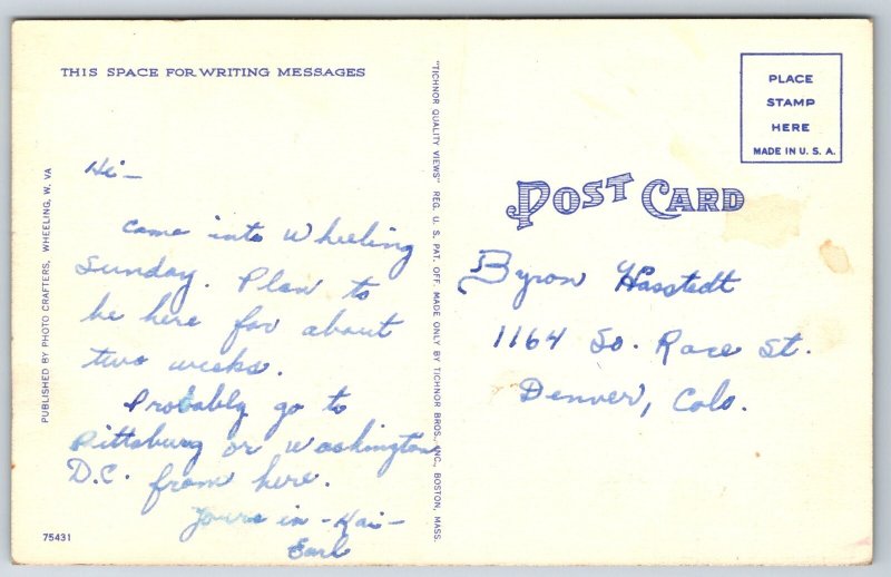 Wheeling West Virginia~View Along Ohio River~Bridge~Linen Postcard