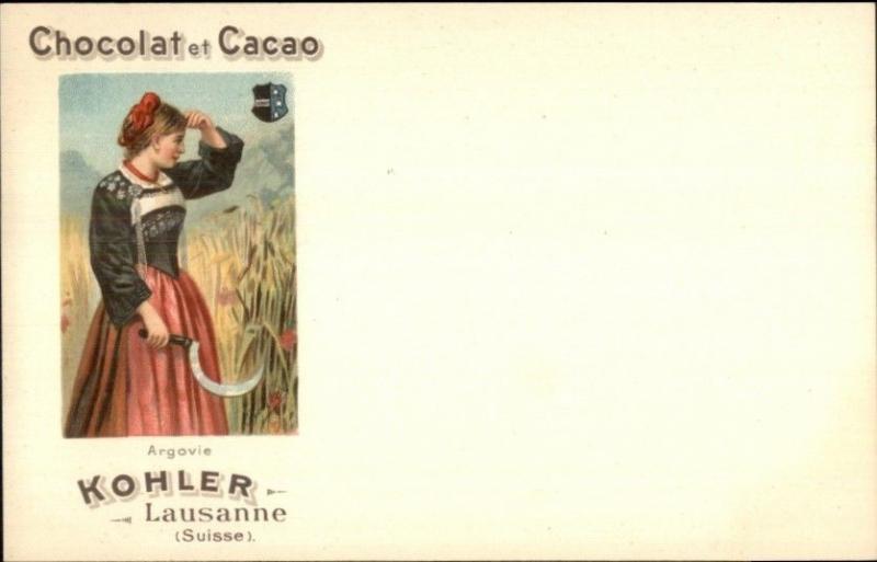 Kohler Chocolat Cacao Swiss Canton Shield Woman c1900 Postcard ARGOVIE myn