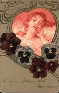 Beautiful Art Nouveau Woman & Flowers IO PENSE A TE c1905 Italian postcard