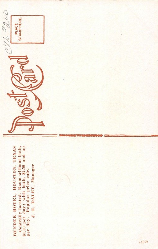 G26/ Houston Texas Postcard c1910 Hotel Bender Daley Manager