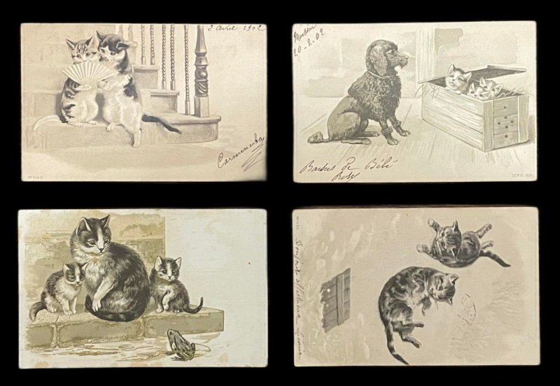 Lot 4 vintage 1900`s embossed animals lovely cats puppy dogs & frog fantasy 