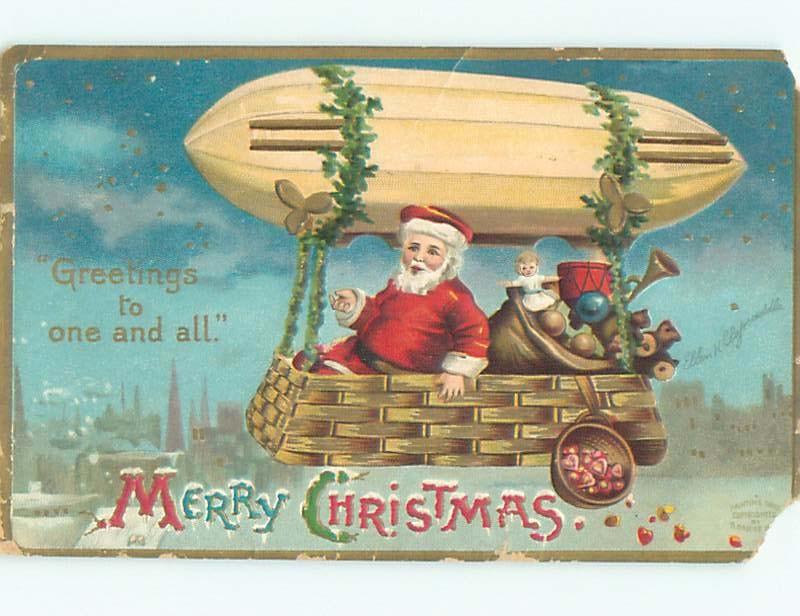 Pre-Linen Christmas signed CLAPSADDLE - SANTA RIDING IN ZEPPELIN AB4652