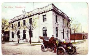 1908 WATERLOO Iowa Ia Postcard Post Office OLD CAR!