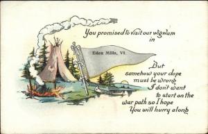 Eden Mills VT Pennant Tepee Greeting c1920 Postcard