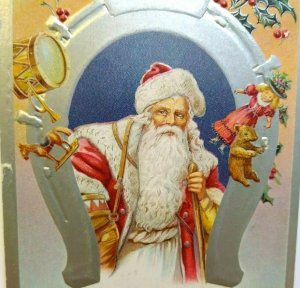 Santa Claus Old World Christmas Postcard Embossed Silver Horse Shoe 1911 Vintage 