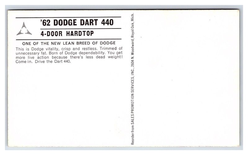 Postcard 1962 Dodge Dart 440 4-Door Hardtop Dealer Advertising Card