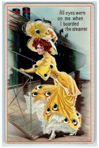 c1910's Pretty Woman All Eyes Were On Me When I Boarded The Steamer Postcard