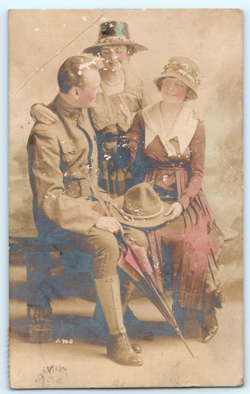 Colored Military Uniformed Army Man w/ Two Girls Women Ladies RPPC A4