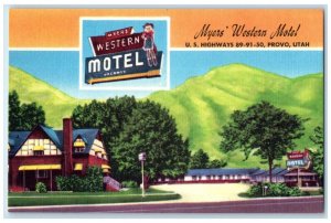 c1940 Myer's Western Motel Highway Junction South Entrance Provo Utah Postcard