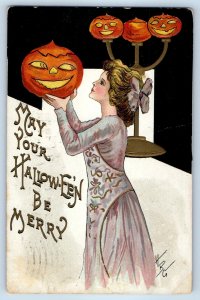 1910 Halloween Pretty Woman With Jack O Lantern HBG Signed Embossed Postcard
