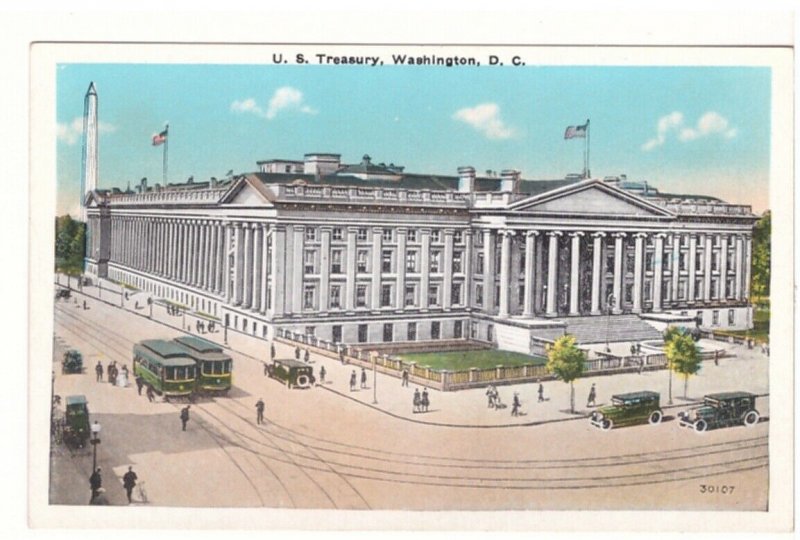 US Treasury, Washington DC,  Antique Reynolds Postcard, Streetcars, Old Cars