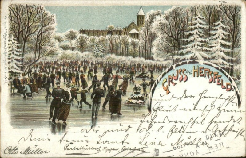 Ice Skating - Gruss Aus Hersfeld Germany 1898 Used Postcard