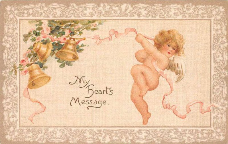 Valentines Greetings Hearts Message Cherub Ringing Bells Tuck PC AA18268