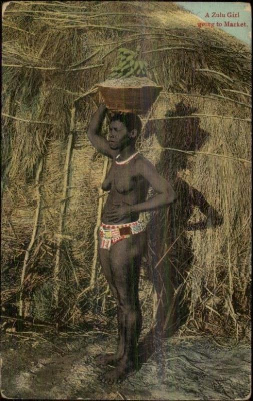 Zulu Girl Nude Going to Market Africa Black History Ethnography c1910 Postcard