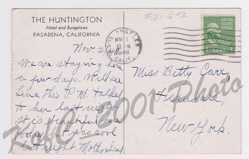 Huntington Hotel Pasadena California 1948 Los Angeles Vintage Postcard A14