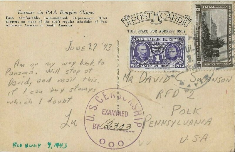 Postcard: Pan American Airway In South America PAA Douglas Clipper Panama Stamps