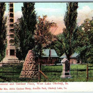 c1910s Okoboji, IA West Lake Pioneer Monument Gardner Place Arnolds Park PC A224