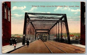 Bridge Street  Bridge  Merrimack River  Lowell  Massachusetts  Postcard  1914