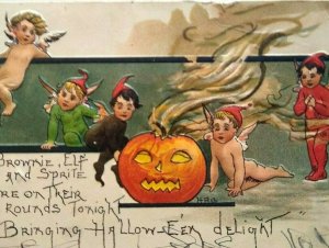 Halloween Postcard HBG HB Griggs Pixies Elves Brownies Fantasy Ann Arbor Germany