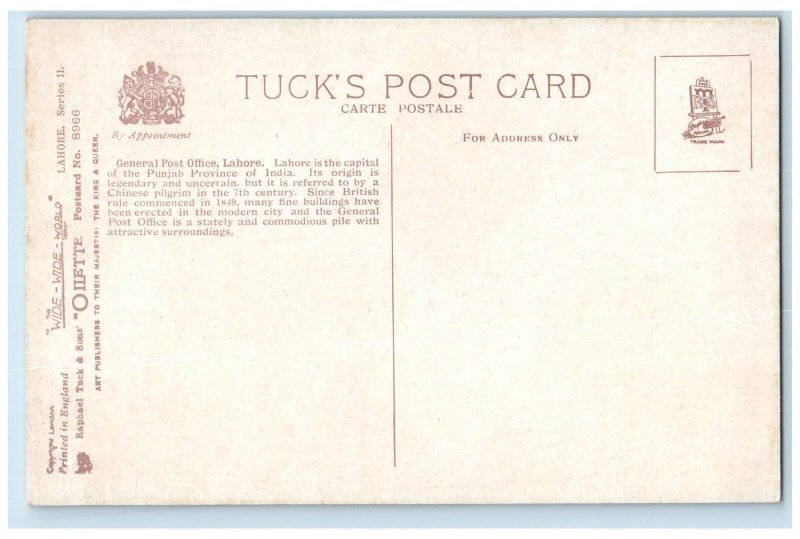 c1910's Lahore General Post Office Building Oilette Tuck's Antique Postcard