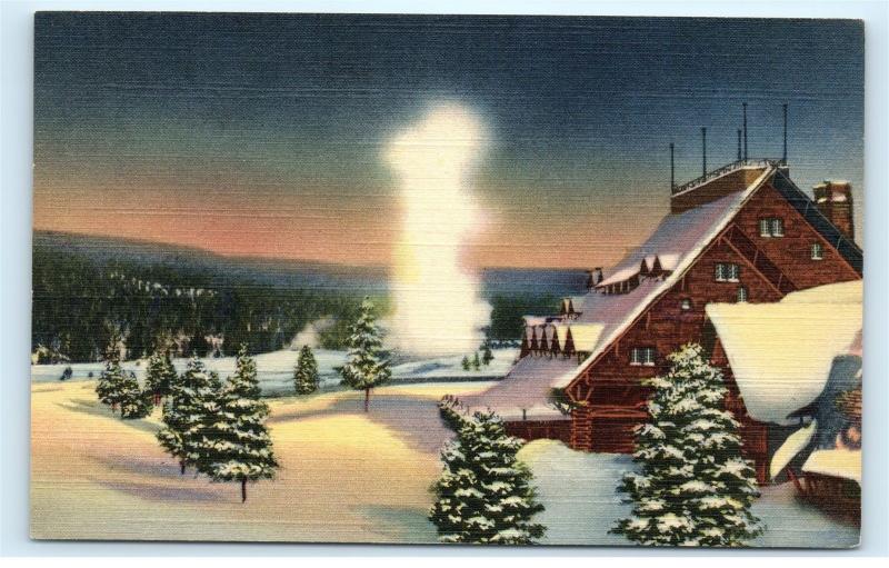 Yellowstone National Park Old Faithful Inn Old Faithful Geyser Snow Postcard D24