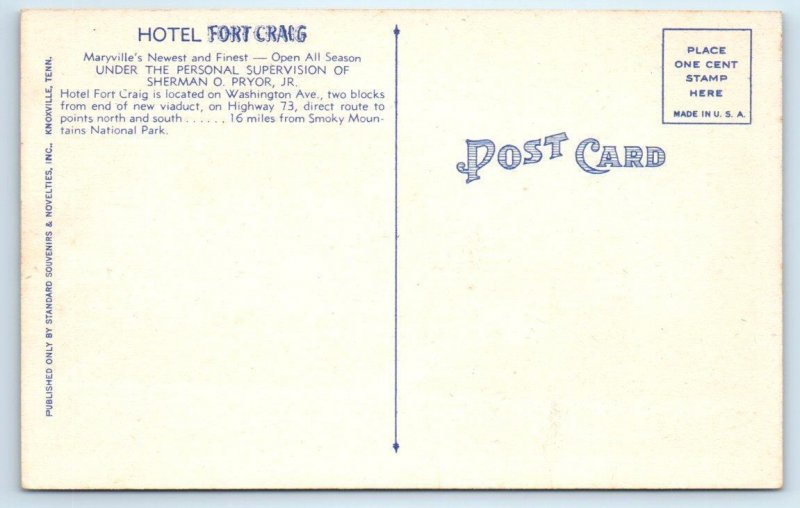 MARYVILLE, Tennessee TN ~ Roadside HOTEL FORT CRAIG 1940s Blount County Postcard