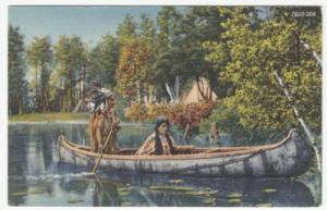 American Indians in Canoe Linen Colored Postcard