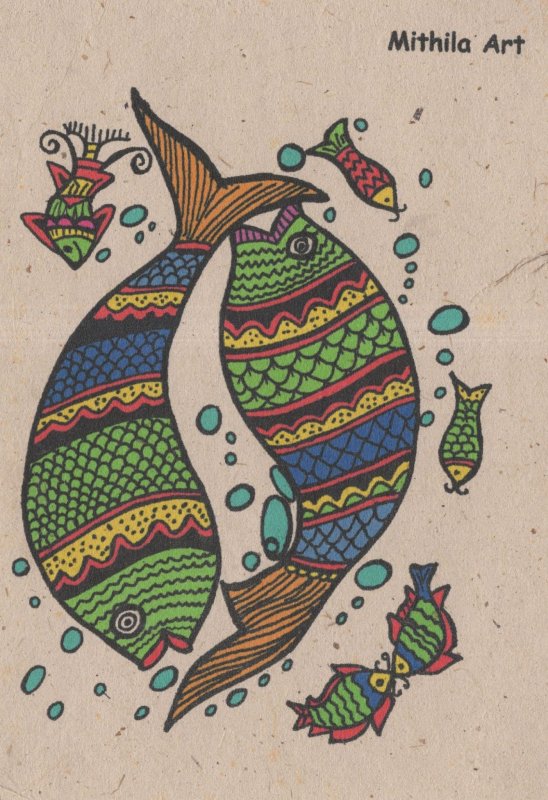 Mithila Art Indian Madhubani Nepalese Sea Life Fish Fishes Painting Postcard