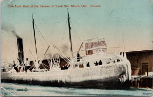 Sault Ste Marie Steamer Iced Ship Last Boat Season Ontario Postcard E82 *as is