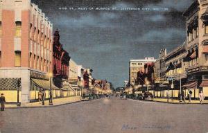 JEFFERSON CITY, Missouri  HIGH STREET SCENE-Night View  Cars    c1940's Postcard