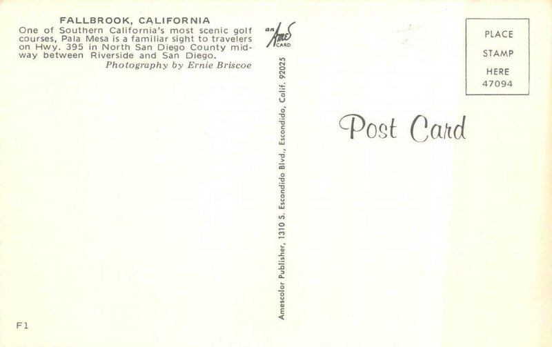 FALLBROOK, CA California  PALA MESA GOLF COURSE~Bird's Eye View  Chrome Postcard