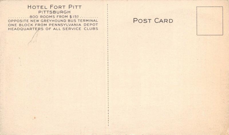 PITTSBURGH PA~HOTEL FORT PITT-800 ROOMS FOR $1.50-ARTIST DRAWN POSTCARD 1930s