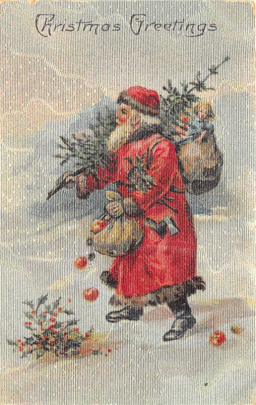 Christmas Tree Carrying Red Robed Santa Claus Bag of Toys Postcard