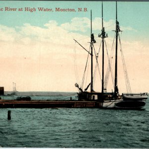 c1913 Moncton NB Petitcodiac River Postcard High Water 3-Mast Schooner Ship Pier