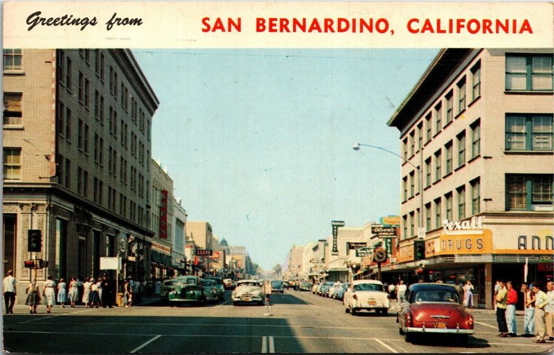 Banner Postcard CA Greetings from San Bernardino Rexall Drug Store 1961 S83