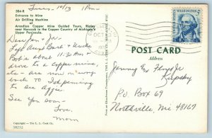 Postcard MI Ripley Michigan Greetings Arcadian Copper Mines Tours Drill AF11