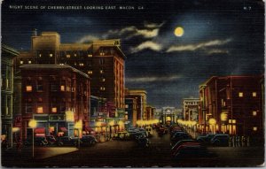 Linen Postcard Night Scene of Cherry Street Looking East in Macon, Georgia