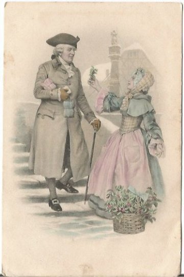 Austrian Gentleman Traveler and Lady in Pink dress offering holy sprig Austria