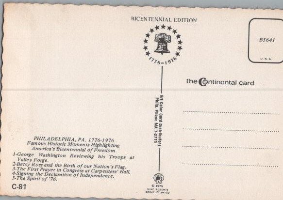 American Revolution Bicentennial Philadelphia PA Continental Postcard 1976