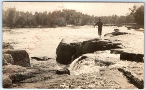 c1900s Big Eddy Falls, Wolf River, WI RPPC Indian Reservation Man Fish Photo A98