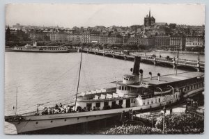 Postcard Geneva Switzerland La Rade Boat Bridge 1950s RPPC View