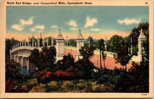 North End Bridge Connecticut River Springfield Massachusetts MA Linen Postcard 