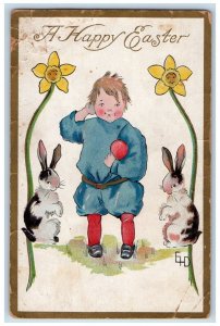 c1910's Happy Easter Boy Bunny Rabbits Egg Flowers Embossed Antique Postcard 