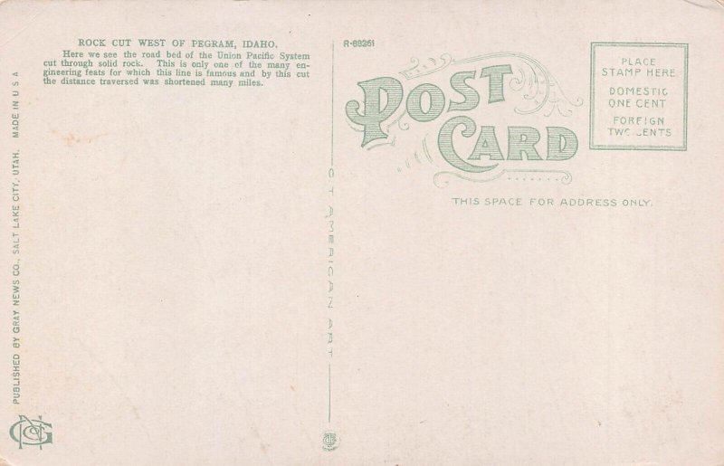 PEGRAM IDAHO~UNION PACIFIC RAILROAD SYSTEM-ROCK CUT~1920s POSTCARD 