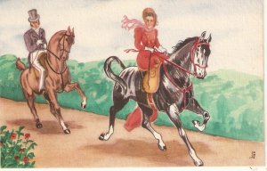 Couple riding horses Very nice vintage Spanish art postcard